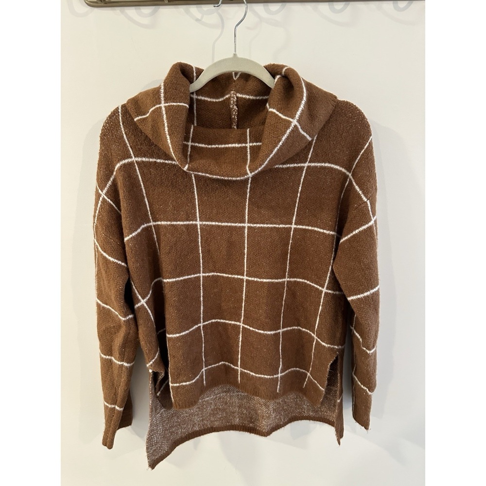Lumière Windowpane Cowl Neck Sweater Brown Size Small